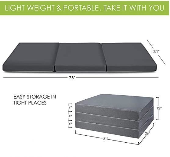 Tri Fold POE Mattress With Removable Cover Lightweight Portable